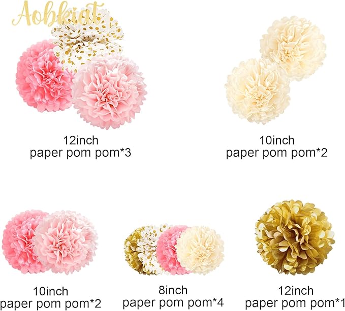 AOBKIAT Birthday Decorations for Girls Women,12PCS Pink Gold Tissue Paper Pom Poms,for Party,Wedding,Baby Shower,Bridal Shower,Princess Party