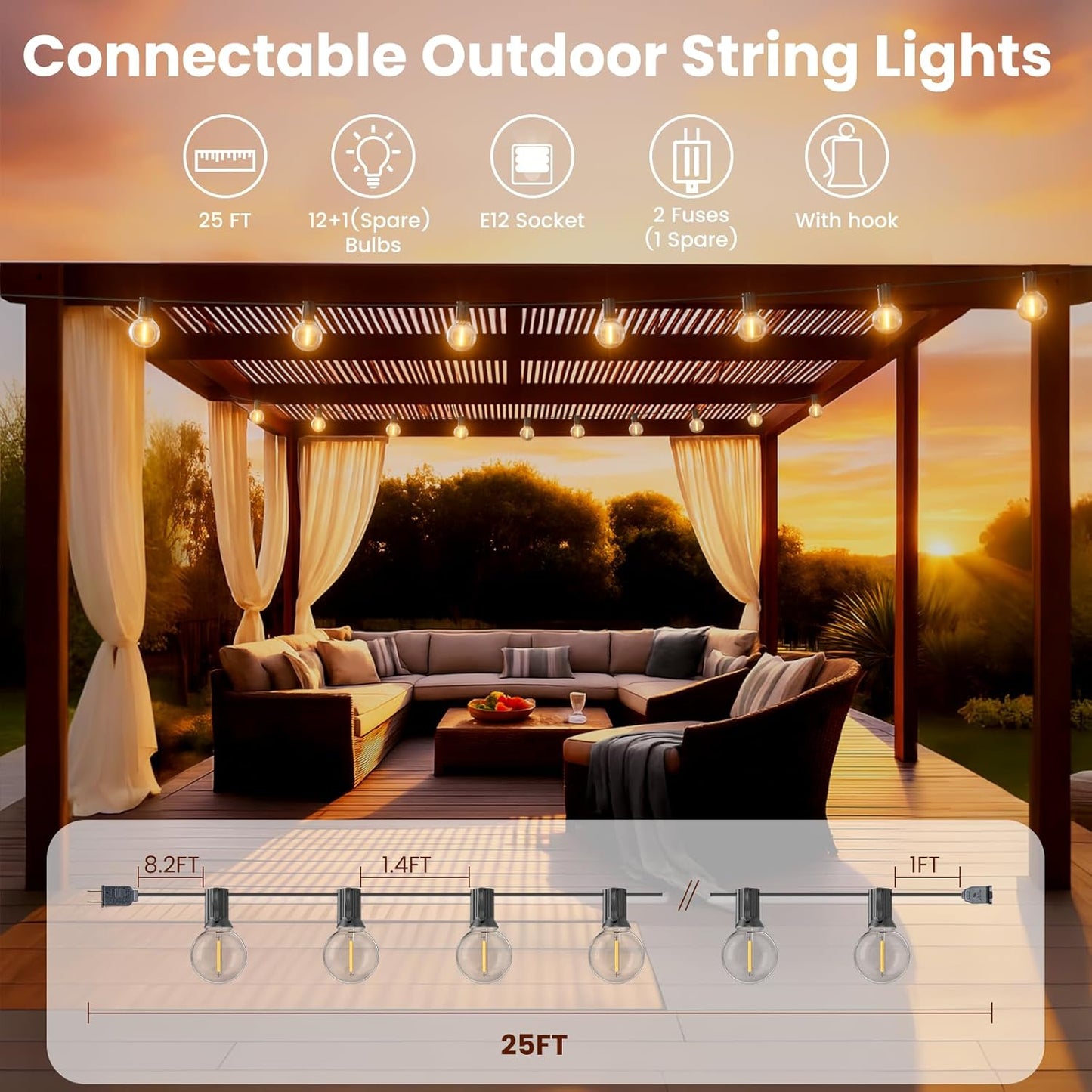 RTTY Outdoor String Lights 25ft, G40 Led Patio Globe Lights with 13pcs Plastic Bulbs, Shatterproof Waterproof Connectable Hanging for Porch Cafe Bistro Backyard Gazebo Balcony Deck Party