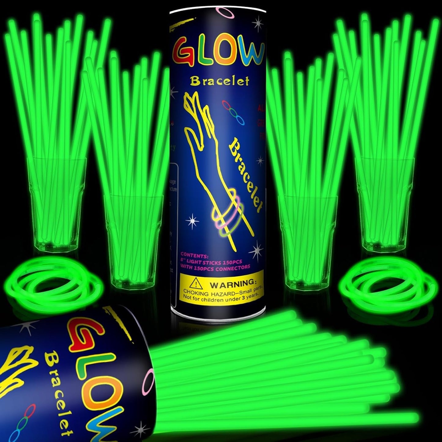 200 Pack 8'' Glow Sticks Bulk Party Favors Green Light Up Sticks with Connectors Neon Glow in the Dark Party Supplies Bracelets for Holiday Birthday Party Decoration(Green)