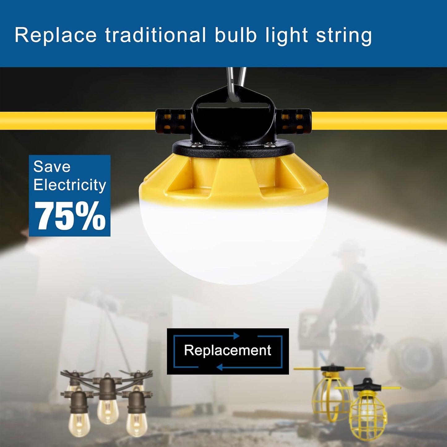 50FT Construction String Lights, IP65 Waterproof ETL Certified LED String Work Lights, 5000K Daylight 18AWG Wire Linkable Temporary Construction Lighting for Jobsite with 5 Bulbs & Hooks