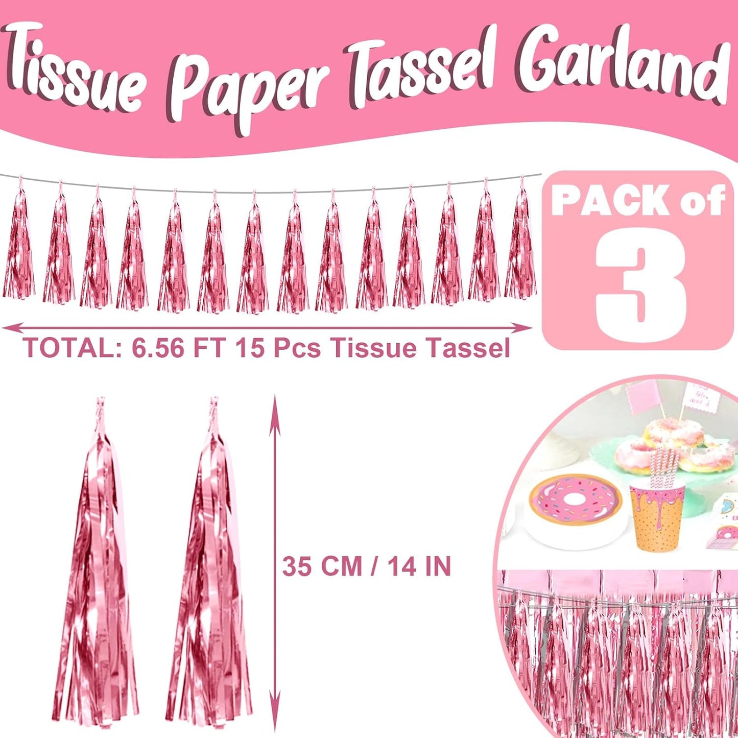 3P Light Pink Foil Fringe Metallic Tassel Streamers Banner Tassel Garland for Parade Floats, Bachelorette, Wedding, Birthday, Halloween, Christmas, Bridal/Baby Shower Party Decorations