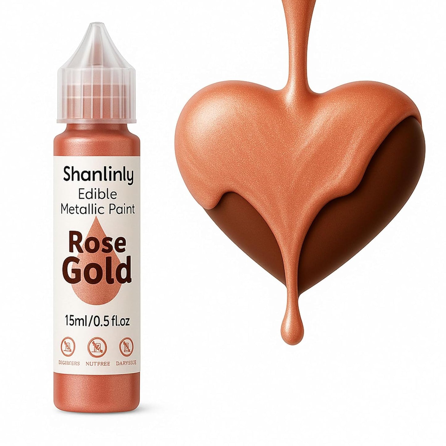 Rose Gold Metallic Edible Paint for Baking – Food Grade Edible Gold Dust Drink Glitter for Shimmer Cake Decorating, Cookies,Cupcakes,Cocktails – 15ml Perfect for Holidays,Wedding,Birthday Decorating