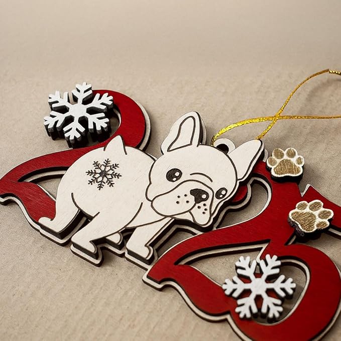 French Bulldog 2025 Christmas Ornament – Wooden Frenchie Dog Tree Decoration with Paw Prints & Snowflakes for Frenchie Lovers & Pet Owners