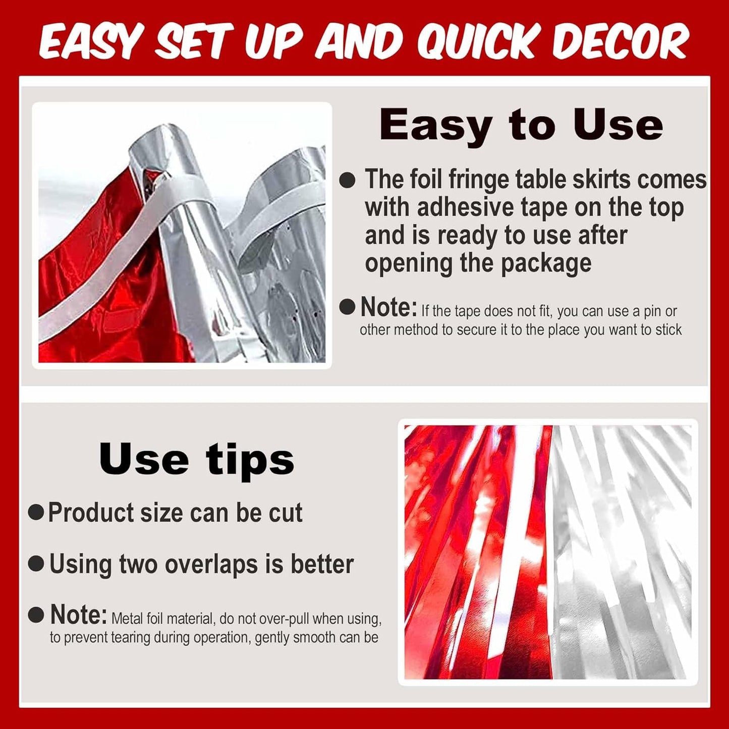 3 Pack Red and Silver Foil Fringe Table Skirts Metallic Tinsel Streamers Garland Banner Backdrop for Table Decor, Parade Float, Birthday, Wedding, Halloween, Christmas Party Decorations(29x108 In)