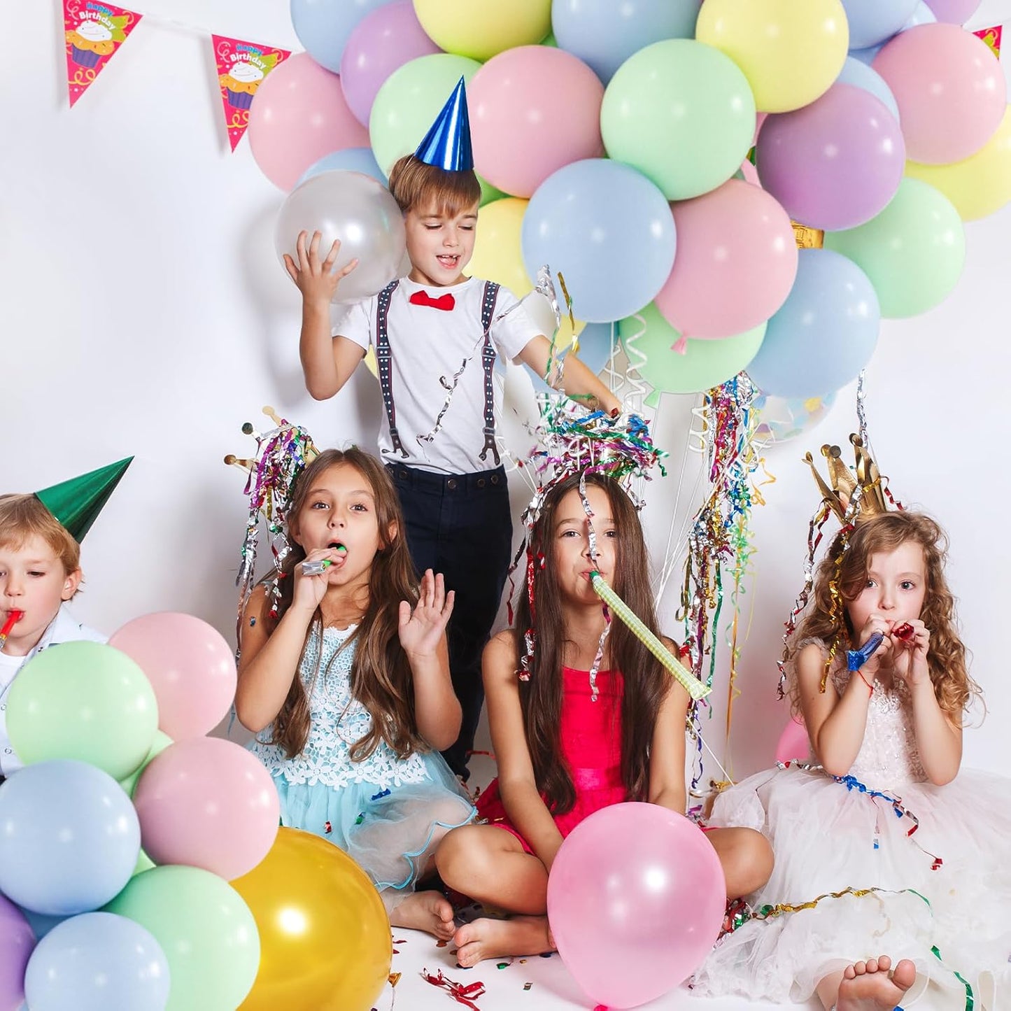 100-Pack Mix Macaron Balloons Kit, Helium Quality Paetel Pink Blue Purple Green and Yellow Latex Balloons for Birthday, Baby Shower, Spring Daisy Floral Theme Party Decoration