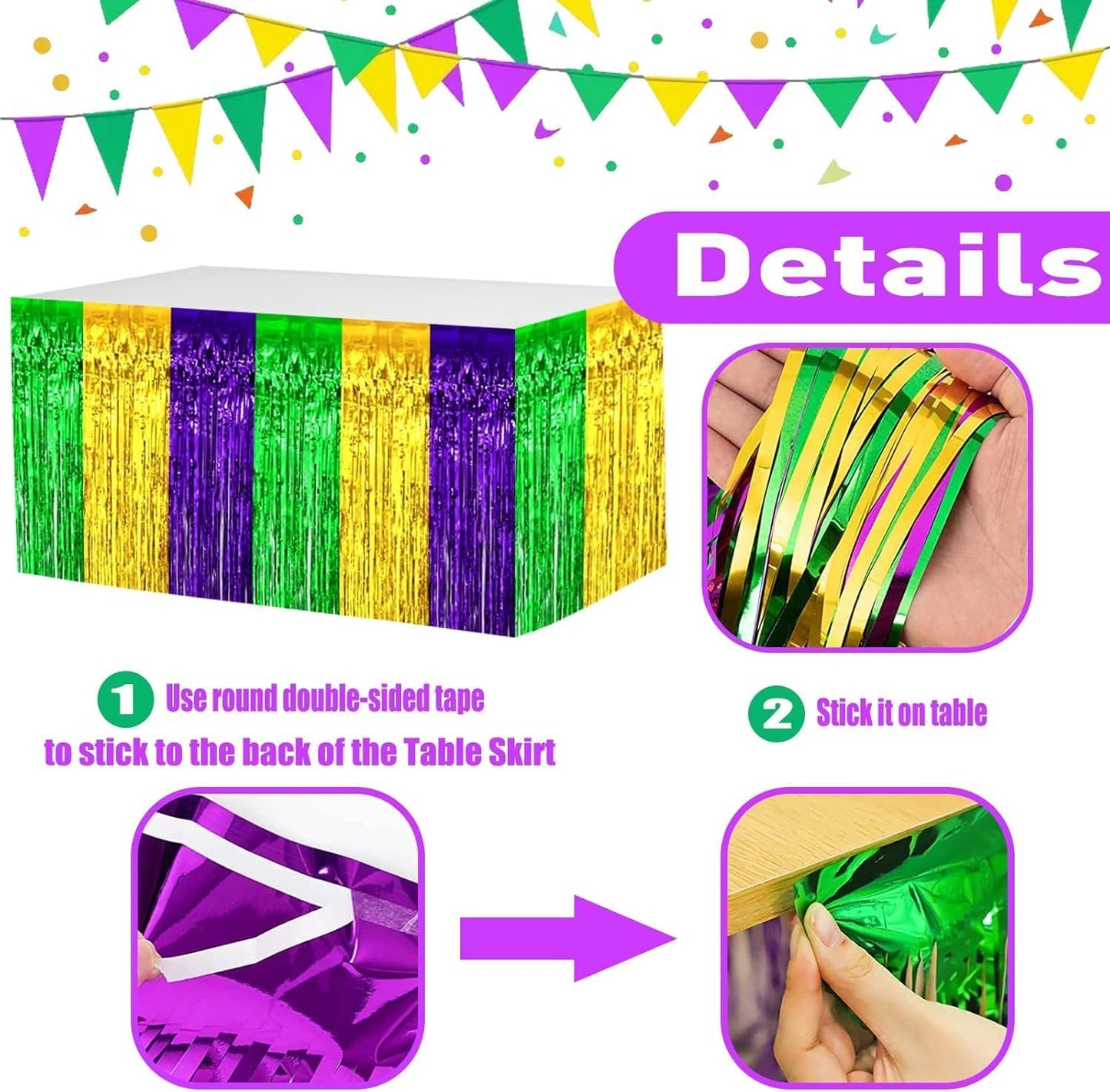 4 Pack 29x108 Inch Mardi Gras Metallic Foil Fringe Tinsel Table Skirts for Rectangle Tables Streamer for Christmas, Birthday, Parade Floats, Halloween Party Supplies(Gold Green Purple)