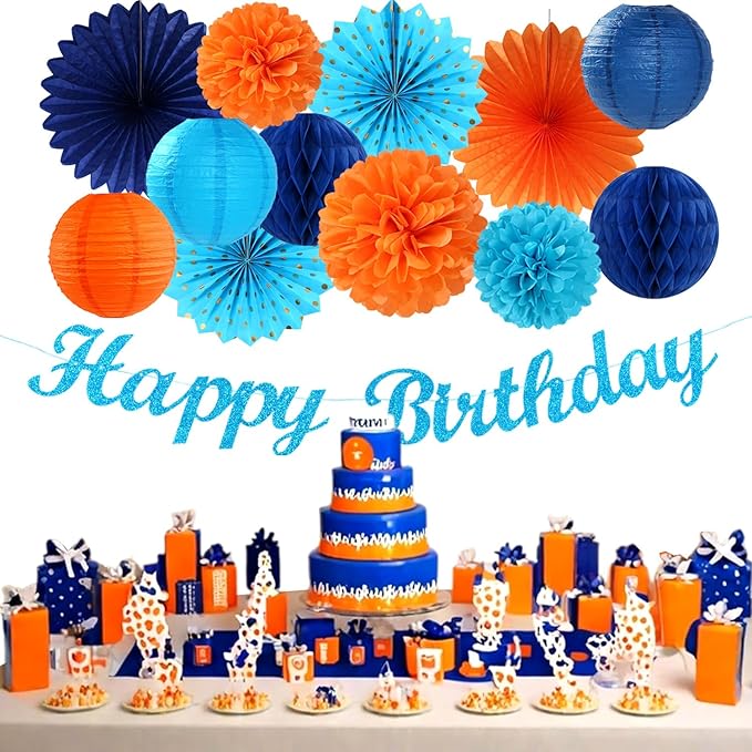 Orange Blue Men Birthday Decorations - 21pcs Happy Banner Garland,Bluey Paper Streamers Lanterns,Flower Tissue Pom Poms Fan Supplies,Hanging Wall Backdrop Party Decor Huglony