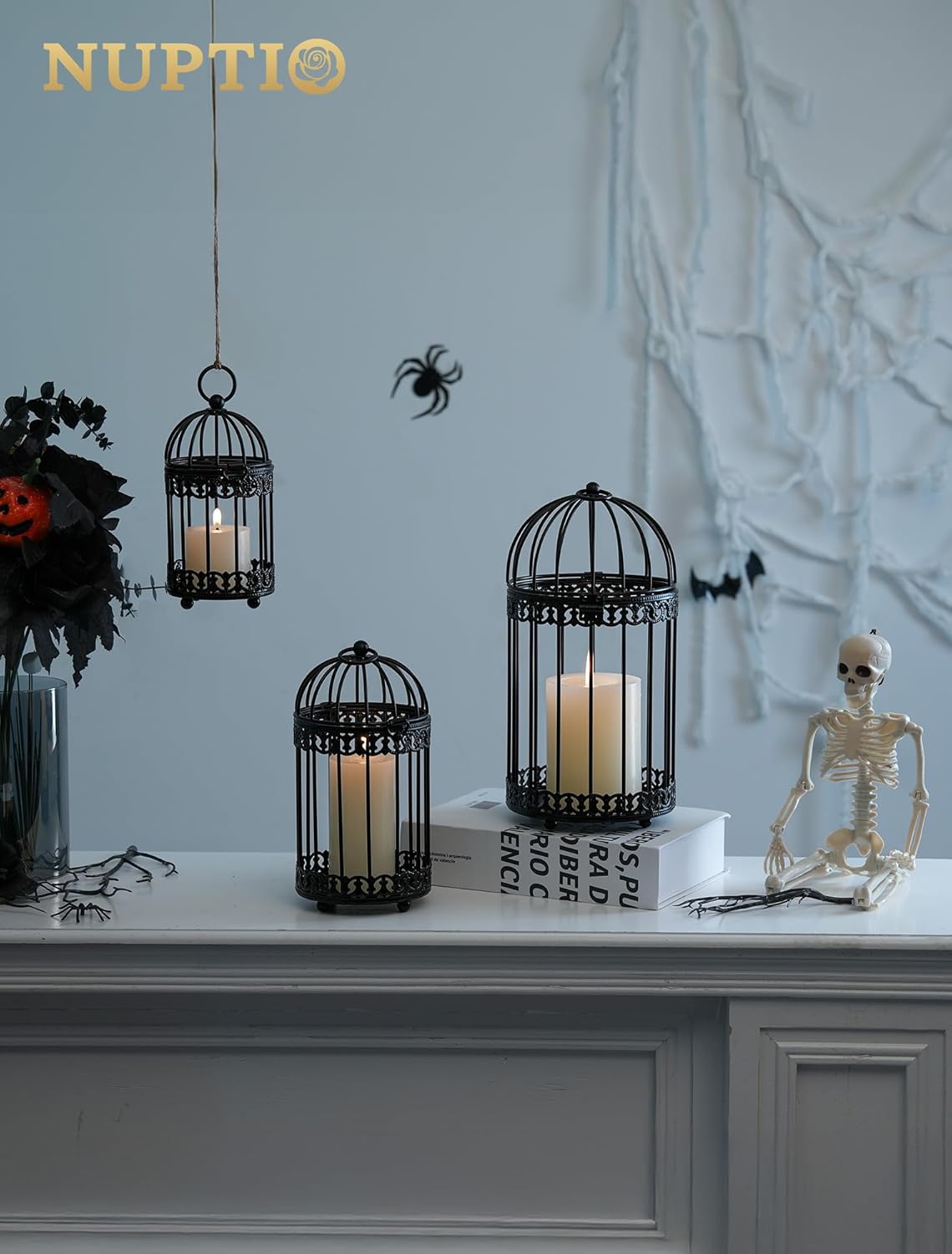 NUPTIO Black Decorative Bird Cage: Birdcage Hanging Lantern for Pillar Candles - Vintage Bird Cages Candle Holders for Halloween Christmas Table Centerpiece 7.7 Inch H