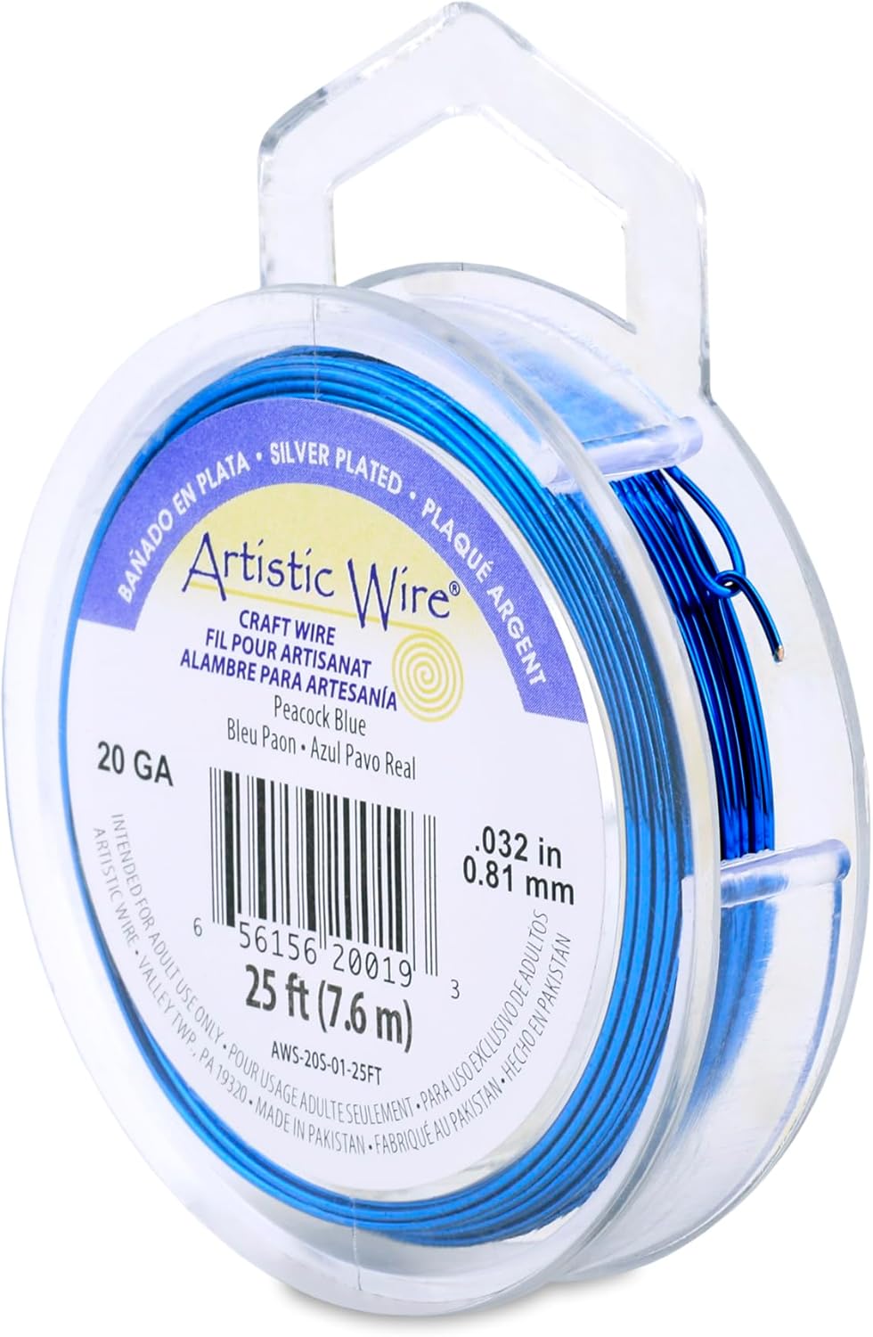 Artistic Wire, 20 Gauge Silver Plated Tarnish Resistant Colored Copper Craft Wire, Peacock Blue, 25 ft