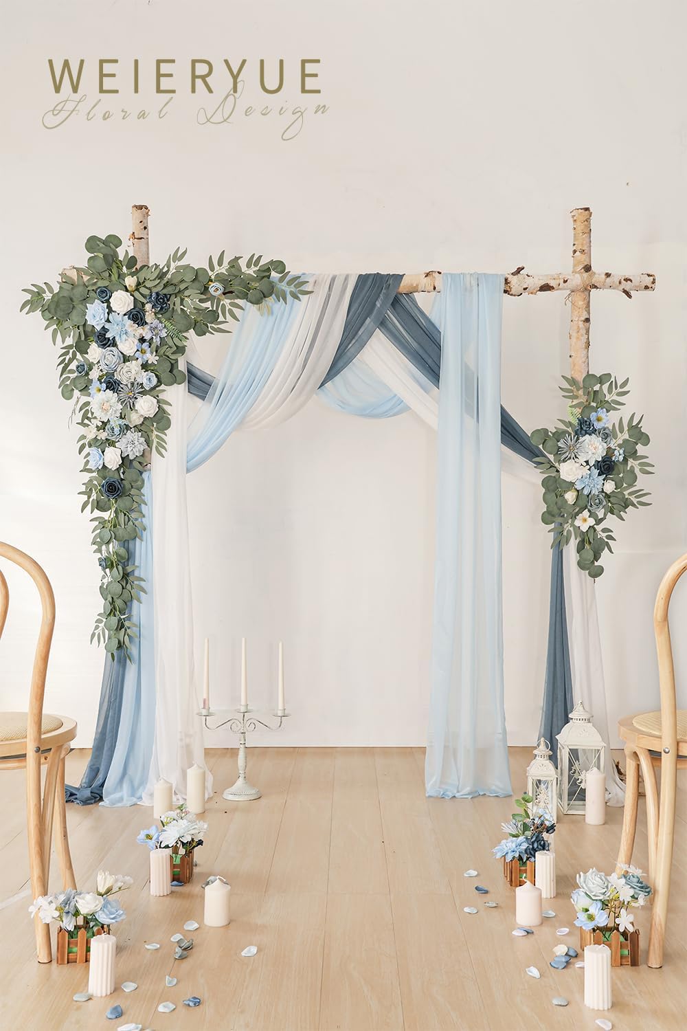 Deluxe Blue Artificial Wedding Arch Flowers with Drapes Kit-Pack of 5, 2pcs Flower Arrangements 3pcs Hanging Sheer Drapes Blue Ceremony Arbor Reception Backdrop Rose Floral Decorations.