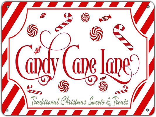Christmas Candy Cane Lane Metal Tin Sign Traditional Christmas Sweets and Treats Winter Sign for Home Living Room Outdoor or Indoor Wall Decor Gift Christmas Candy Cane Lollipop 12x16Inch