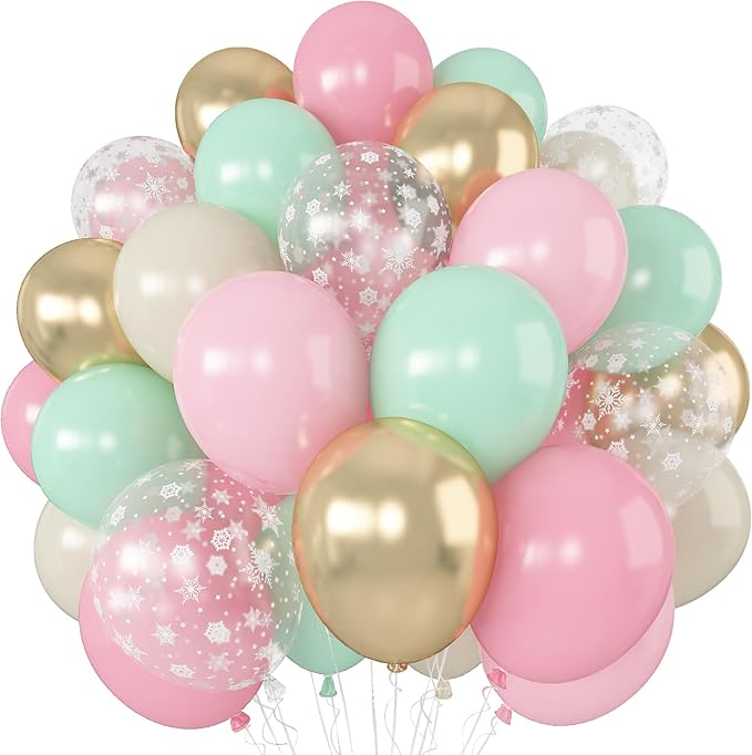 Pink and Green Balloons Pastel Pink Green Gold Latex Balloons Clear Snowflake Balloon for Pink Candyland Christmas Decor Nutcracker Xmas Baby in Bloom Fairy Floral Baby Shower Birthday Party