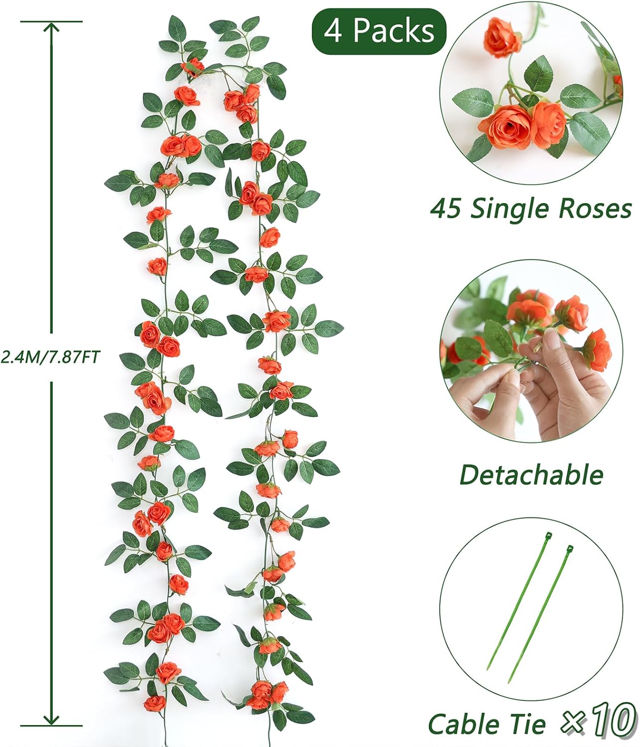 4 Packs Artificial Rose Garland: 31.48Ft Each Fake Flower Vine with Improved Color & 10 Ties for Wedding Arch Backdrop, Home Wall Party Decor, Christmas Decor, Orange