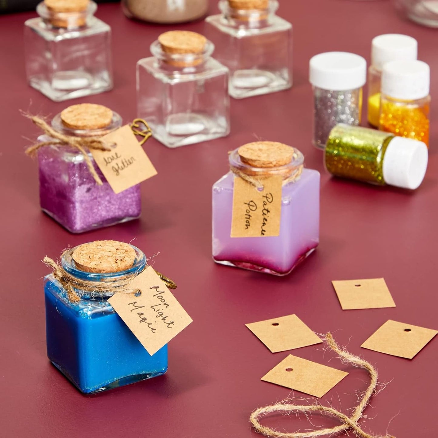 BLUE PANDA 15 Pack Small Glass Bottles with Cork Stoppers - Mini Jars with Cork Lids, Twine, and Blank Tags for Crafting & Spices - Small Bottles 1.7 Oz (50ml)