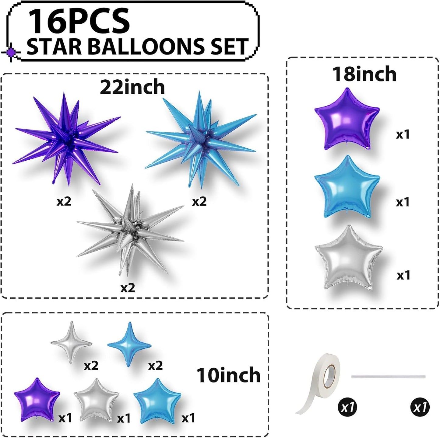16 Pcs Blue Purple Silver Star Balloons, 22/18/10 Inch Foil Balloons, Four-Pointed Balloon for Boy Men Birthday Graduation Wedding Baby Shower Galaxy Space Party Decorations