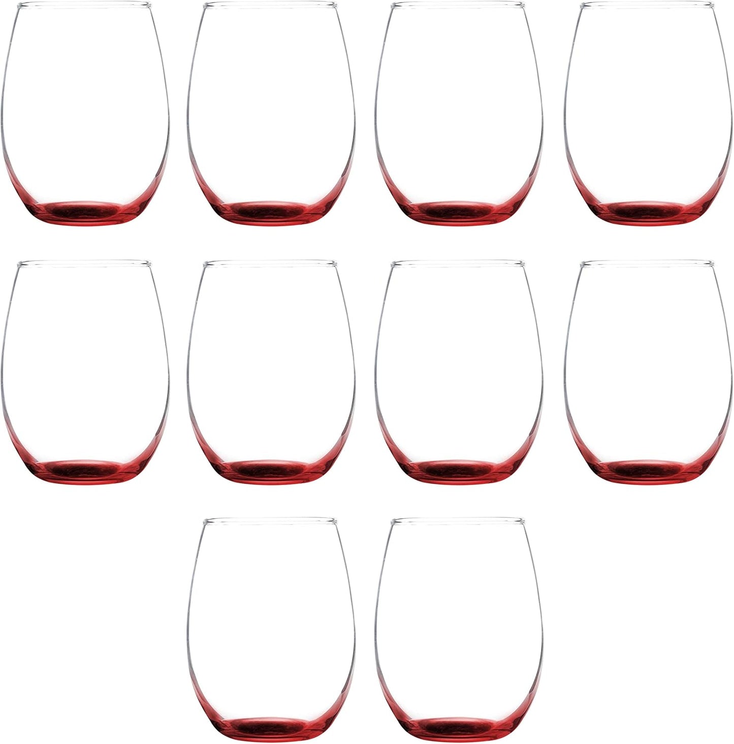 DISCOUNT PROMOS Stemless Wine Glass 9 oz. Set of 10, Bulk Pack - Great for Wedding Favors, Bachelorette Party and More - Red Bottom Color