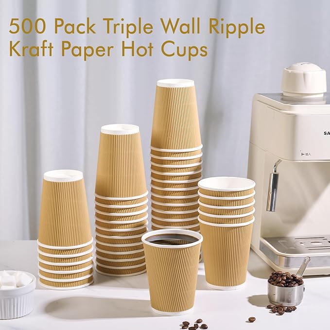 500 Pack 12 oz Coffee Cups, Insulated Ripple Wall Hot Coffee Cups for Home, Office, Hotel, Meetings, Parties