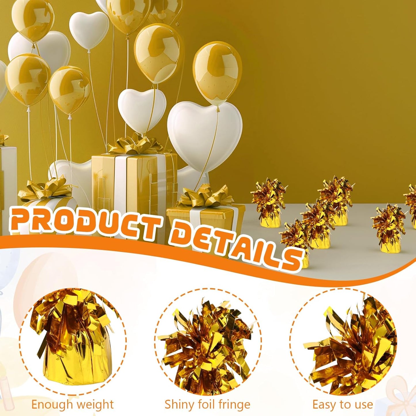 6 Pack Gold Balloon Weights Metallic Holder Anchors Balloon Holder Weights for for Birthday 2025 Graduation Party Christmas Wedding Celebration Decoration (Gold)