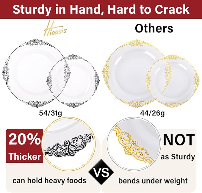 Hioasis 175pcs Clear and Black Plates - Black Party Plates for 25 Guest, Include 50 Heavy-duty Plates(20% Thicker Than Standard), 25 Pre Rolled Gold Plastic Silverware Set, 25 Cups