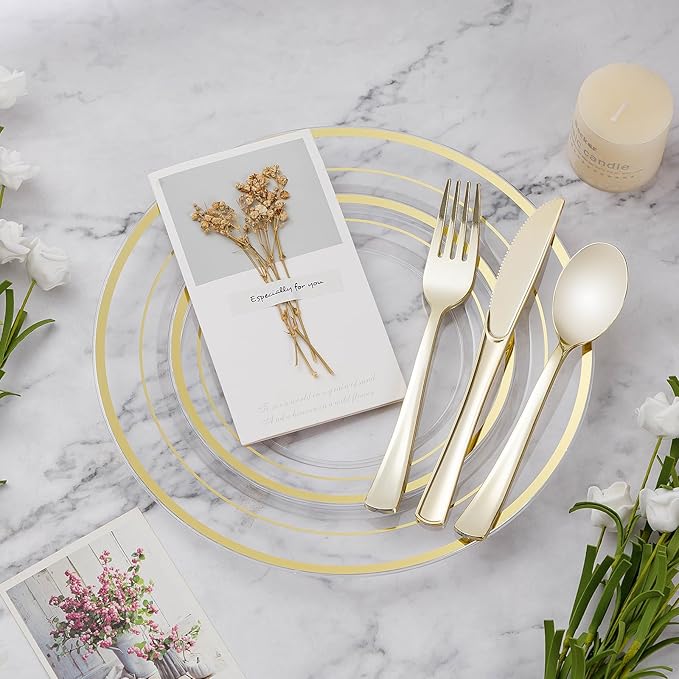 BESTVIP 50PCS Clear Plastic Plate, Disposable Party Plates with 25 Dinner and 25 Dessert Plates, Plastic Plate for Party, Wedding and Birthday