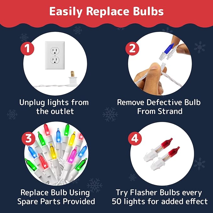 PREXTEX 50 Ct. Multi-Color Christmas Tree Lights with White Wire - 10 Ft Holiday String Lights for Indoor and Outdoor Use- Multicolor Incandescent Christmas Tree Decoration with End-to-End Connectors