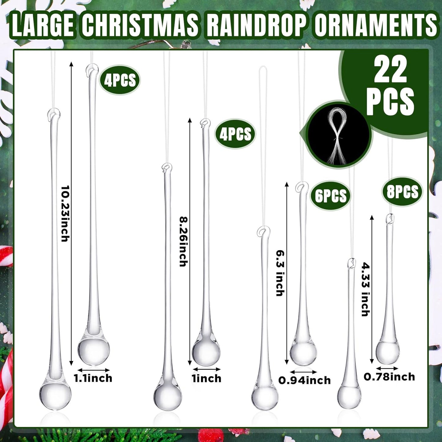 22 Pcs Clear Glass Teardrop Christmas Ornaments Crystal Raindrop Hanging Ornaments Crystal Chandelier Drop Pendant Icicles Decorations for Christmas Tree Winter Party Supplies (4 Large Size)