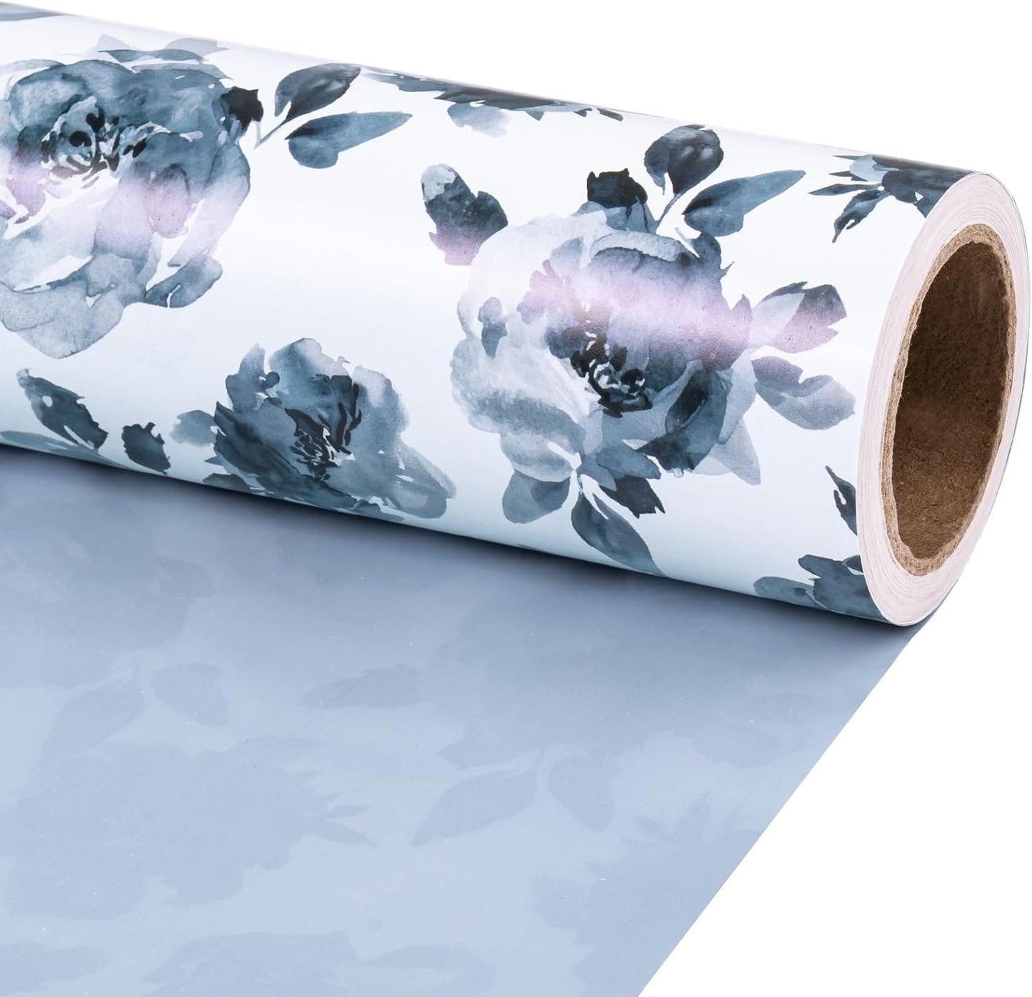 RUSPEPA Reversible Floral Wrapping Paper for Girls Women, Mini Roll, Watercolor Blue Floral and Solid Blue Gift Wrap Paper for Birthday, Wedding, Mother's Day, Bridal Shower, 17 Inches x 16.4 Feet