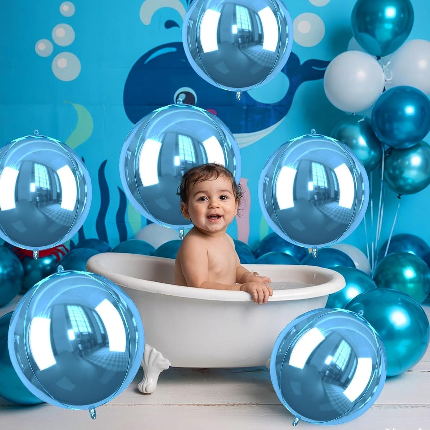 Blue Giant 4D Foil Balloons, Saxuxu 6Pcs Large Metallic Blue Round Balloons, 22 Inch Big Round Foil Balloon for Blue Sea Birthday Party Baby Shower Wedding Decorations