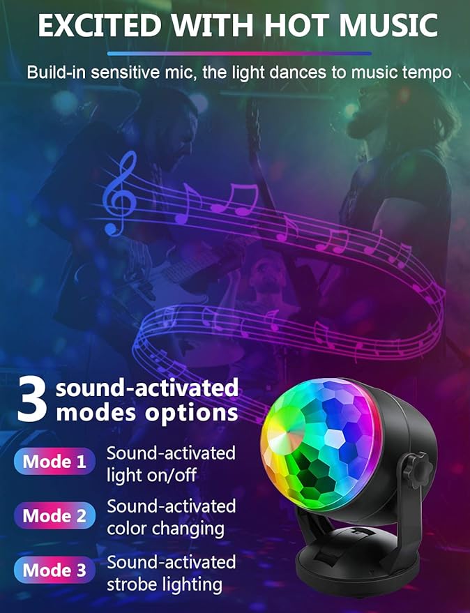 Luditek 2-Pack Portable Sound Activated Party Lights Indoor, Battery Powered/USB Dj Disco Ball Strobe Lights for Car Room, Adults Gifts, New Years Eve Party Supplies 2025 Christmas Decorations