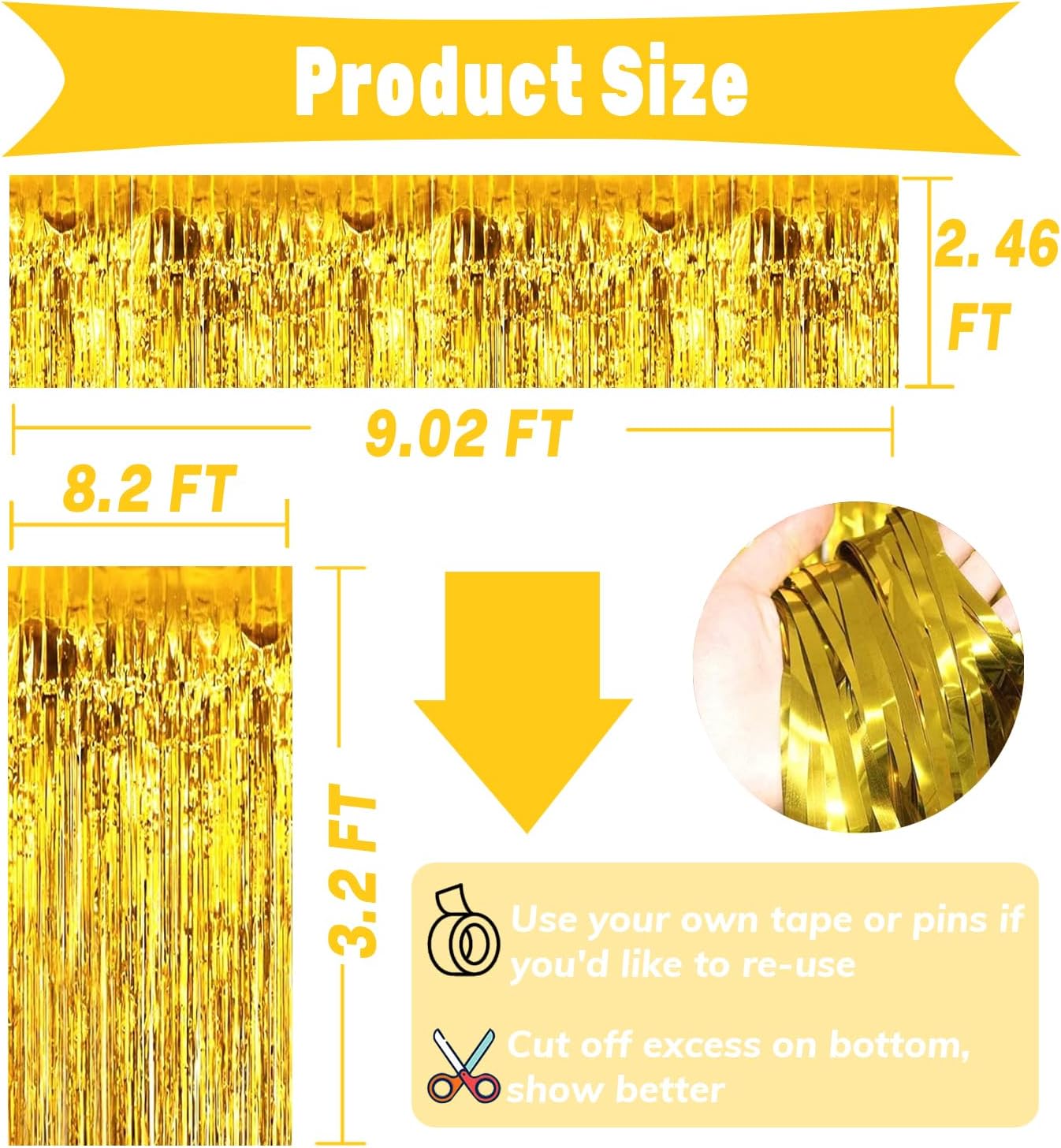 4P Metallic Foil Fringe Tinsel Table Skirts for Rectangle Tables Backdrop Banner Tinsel Streamer Garland Curtains for Parade Floats Wedding Graduation Anniversary Birthday Parties Decoration (Gold)