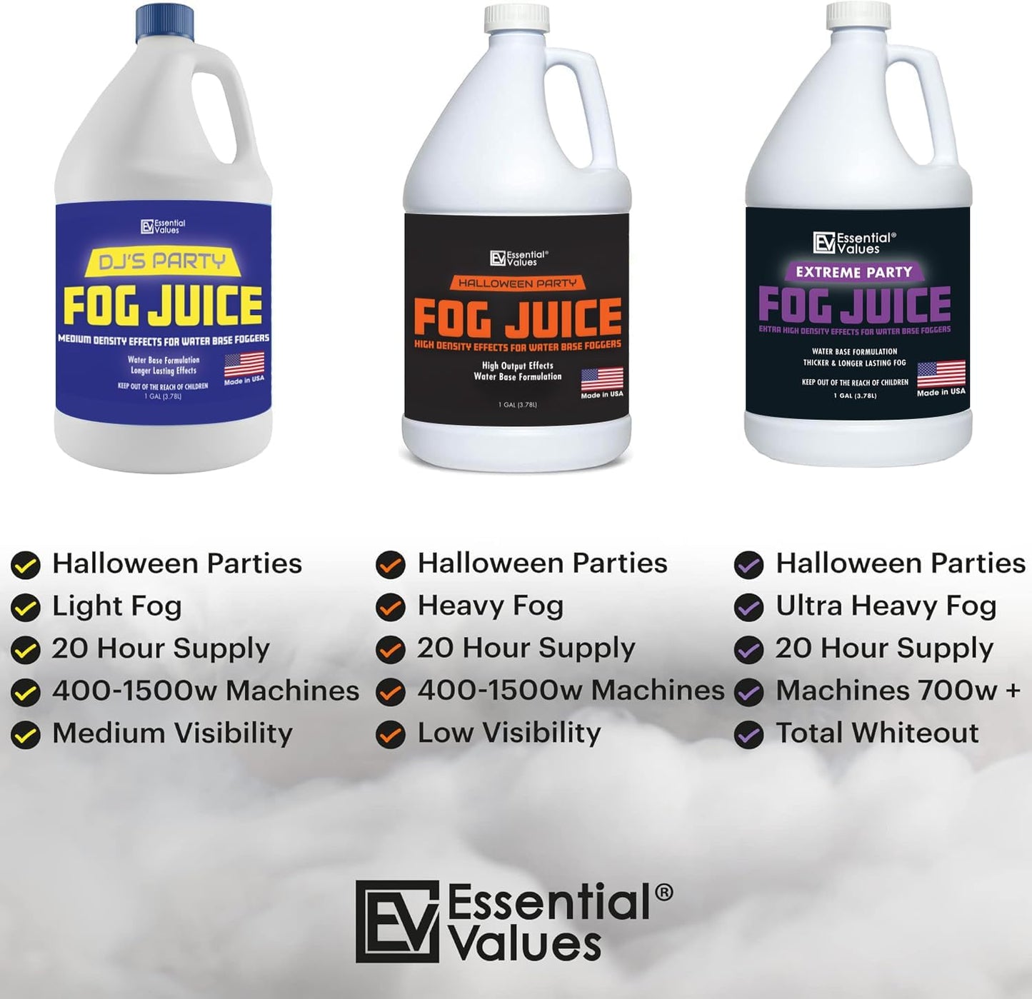 Essential Values Fog Machine Fluid - Extreme High Density Fog Juice (128 FL OZ / 1 Gallon) – White-Out Conditions for Water Based Foggers Designed for 700 Watts+ - Manufactured in USA