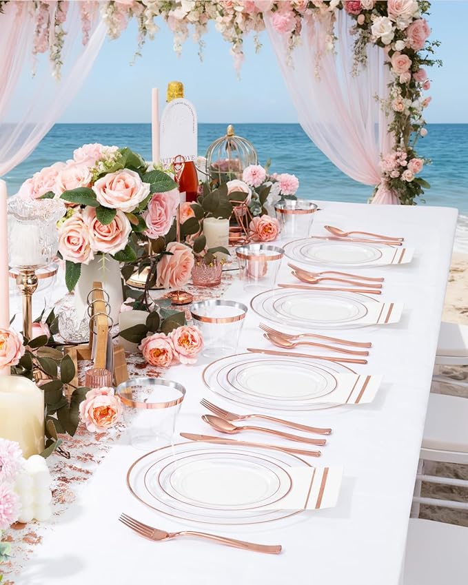 GATHER 700PCS Rose Gold Plastic Plates - Clear Rose Gold Rim Disposable Dinnerware Set Includes 200 Plates, 300 Silverware, 100 Napkins, 100 Cups for Party & Wedding & Valentine's Day