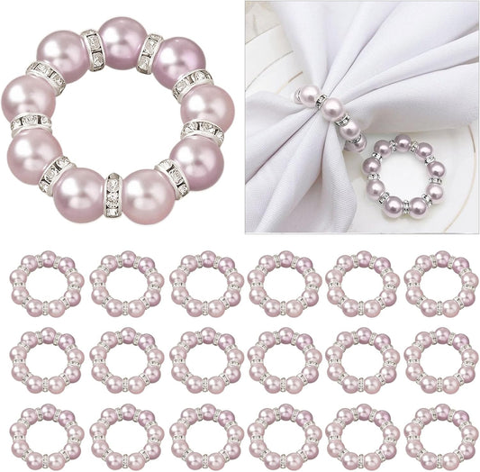 20Pcs Pearl Napkin Rings, Pink Beaded White Silver Round Buckles, Set of 6, Wedding and Formal Dinner Table Decor (20, Pink)