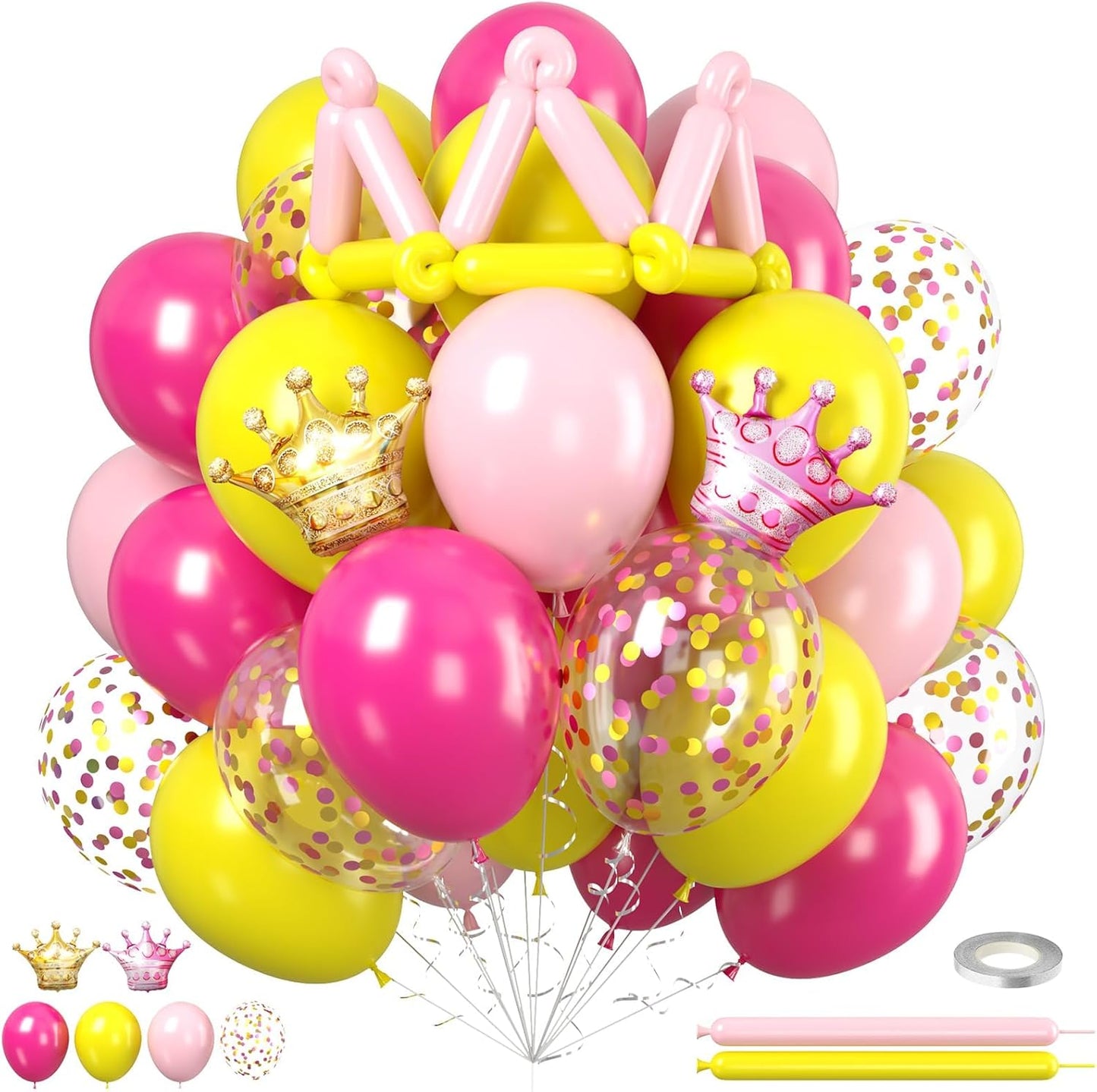 Pink and Yellow Balloons, 50pcs Hot Pink Yellow Balloons With Pastel Long Balloon Gold Crown Foil Balloon For Girls Women Birthday Baby Shower Party Wedding Bridal Shower Engagement Decor