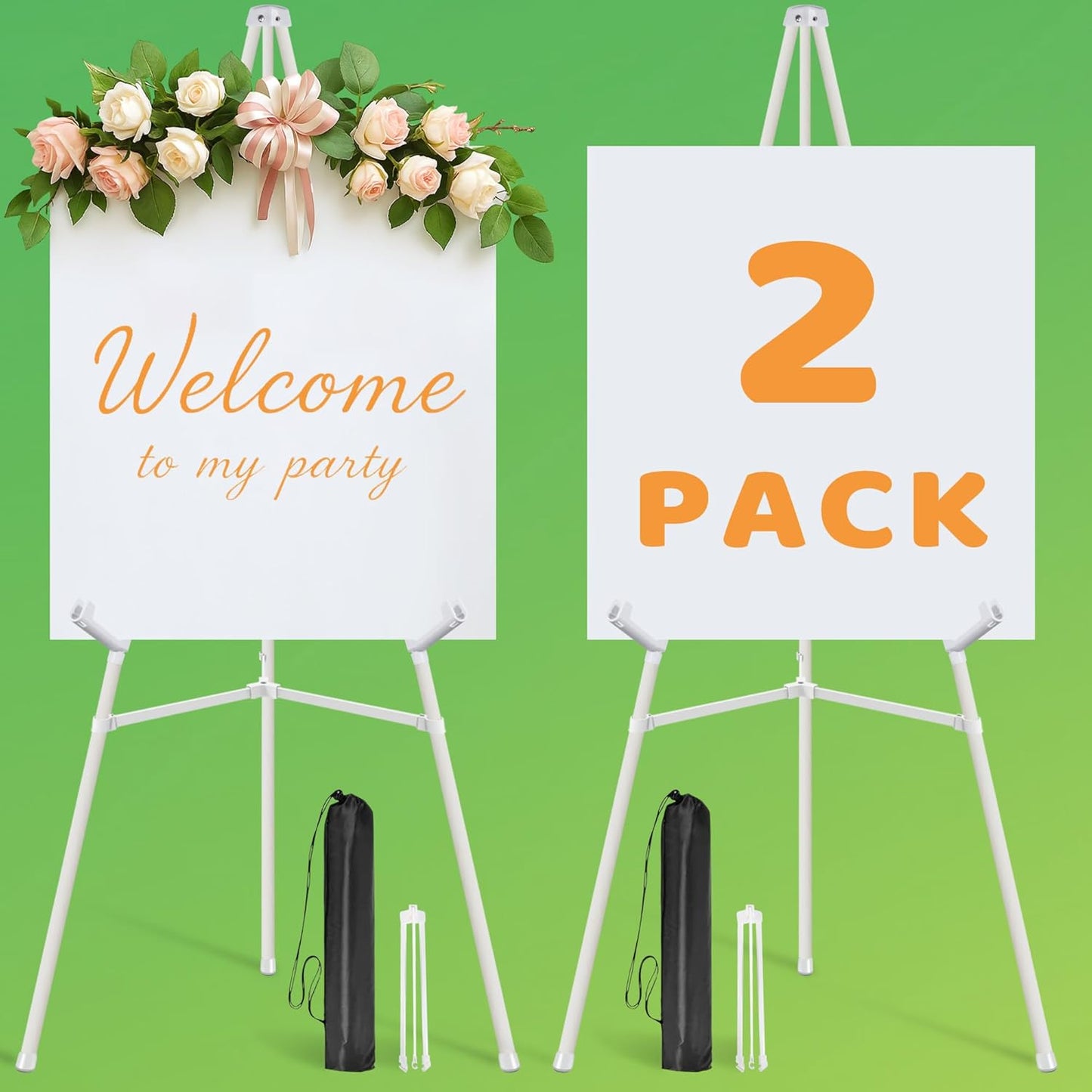 2 Pack White Easel Stand for Sign - 63" Adjustable Folding Floor Easels for Wedding Sign, Welcome Sign, Poster, Picture, Painting - Lightweight Portable Display Easels with Bags, Holds 5 lbs
