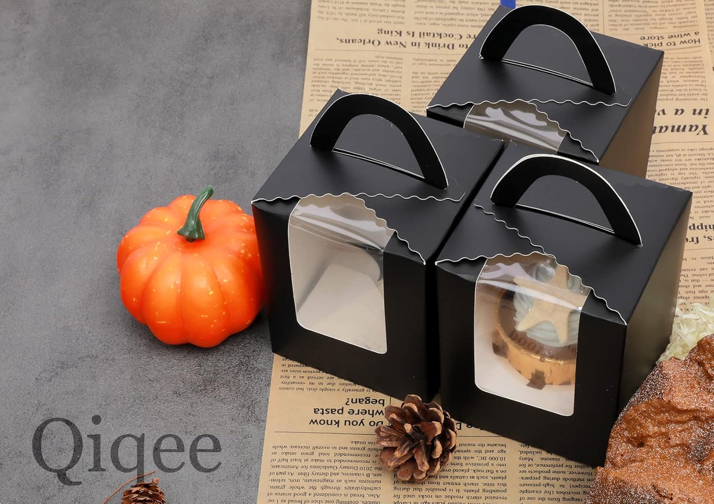 qiqee Black Cupcake Boxes Individual 100 Packs Cupcake Holders Disposable Single Cupcake Boxes with Window 3.6" 3.6"*4.3" Cupcake Containers