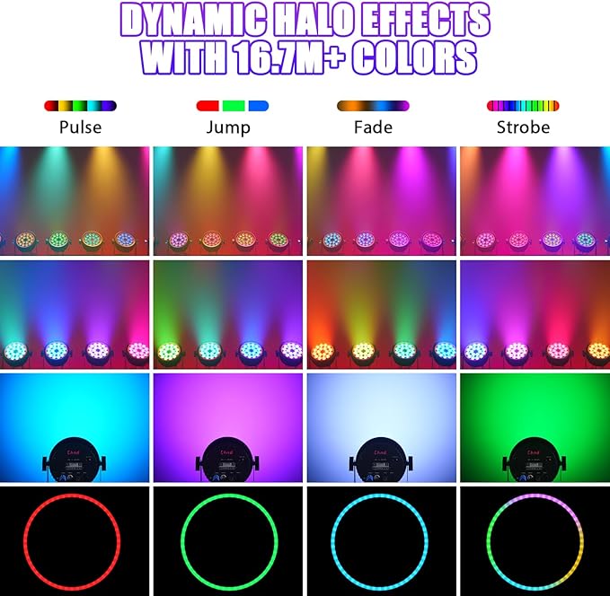 200W Aluminum Cast Fanless & Silent Stage Lights, 4 in 1 RGBW LED Par Lights with Dynamic Aperture, DMX512/Auto/Sound Activated Par Can Uplights for Events Wedding Bar Party Stage - 2Packs