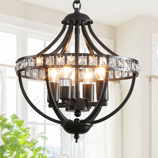 Farmhouse Crystal Ceiling Hanging Chandelier,16inch Black Rustic Vintage Pendant Light Fixture for Living Room Bedroom Dining Room Dining Foyer Kitchen Entry （5-Light）