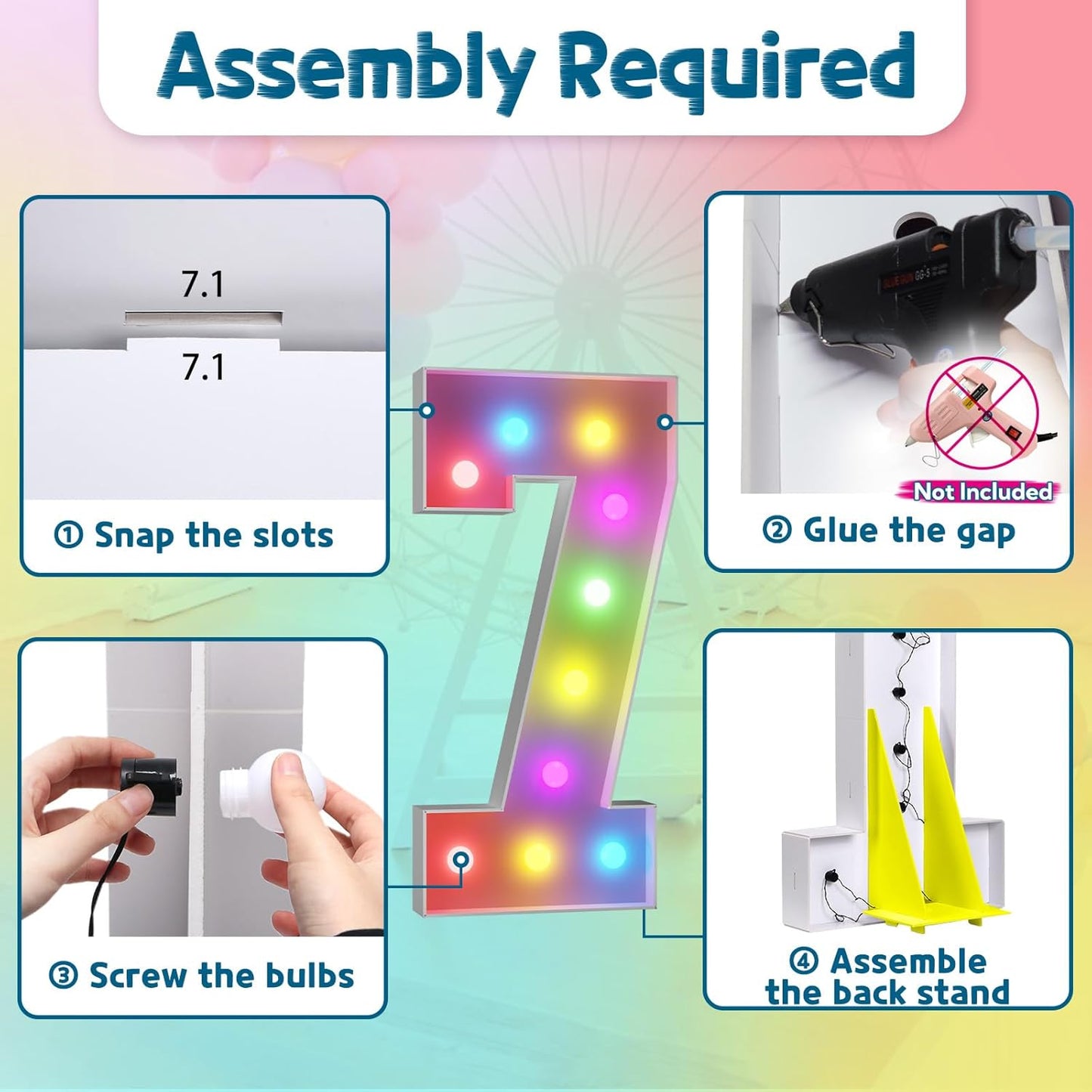 imprsv 4FT Colorful Marquee Numbers,18 Colors Number 7 with Remote, Light Up Numbers Sign for 70th Birthday Decorations Anniversary Party Decor, Pre-Cut Foam Board Kit, Mosaic Sign for Balloon