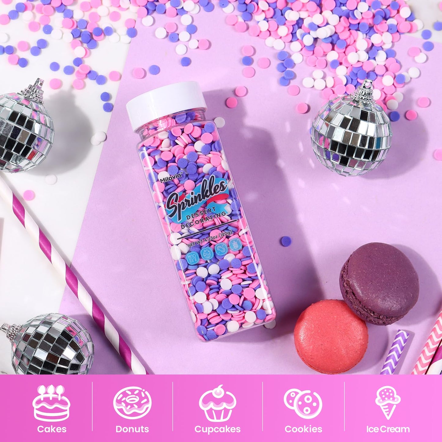 Edible Confetti Sprinkles for Cake Decorating, Round Sprinkles, Purple, Pink and White Sprinkles for Baking, Cupcakes, Macarons, Ice Cream Topping, Waffles, and Cookies（120g/4.23oz）