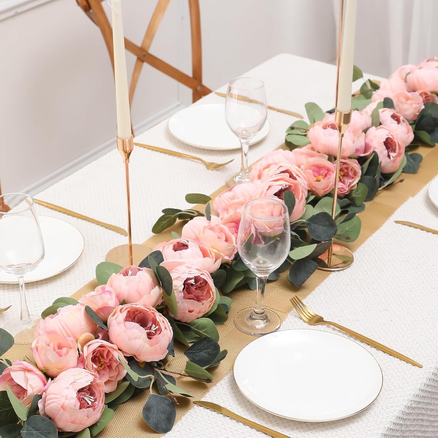 Floweroyal 2 Pack Artificial Flower Garlands 11.2FT Eucalyptus Garlands with Flowers 8 Head Peony Flower Vine Faux Floral Garland for Wedding Arch Table Wall Backdrop Wreath Decoration. (Vintage Pink)