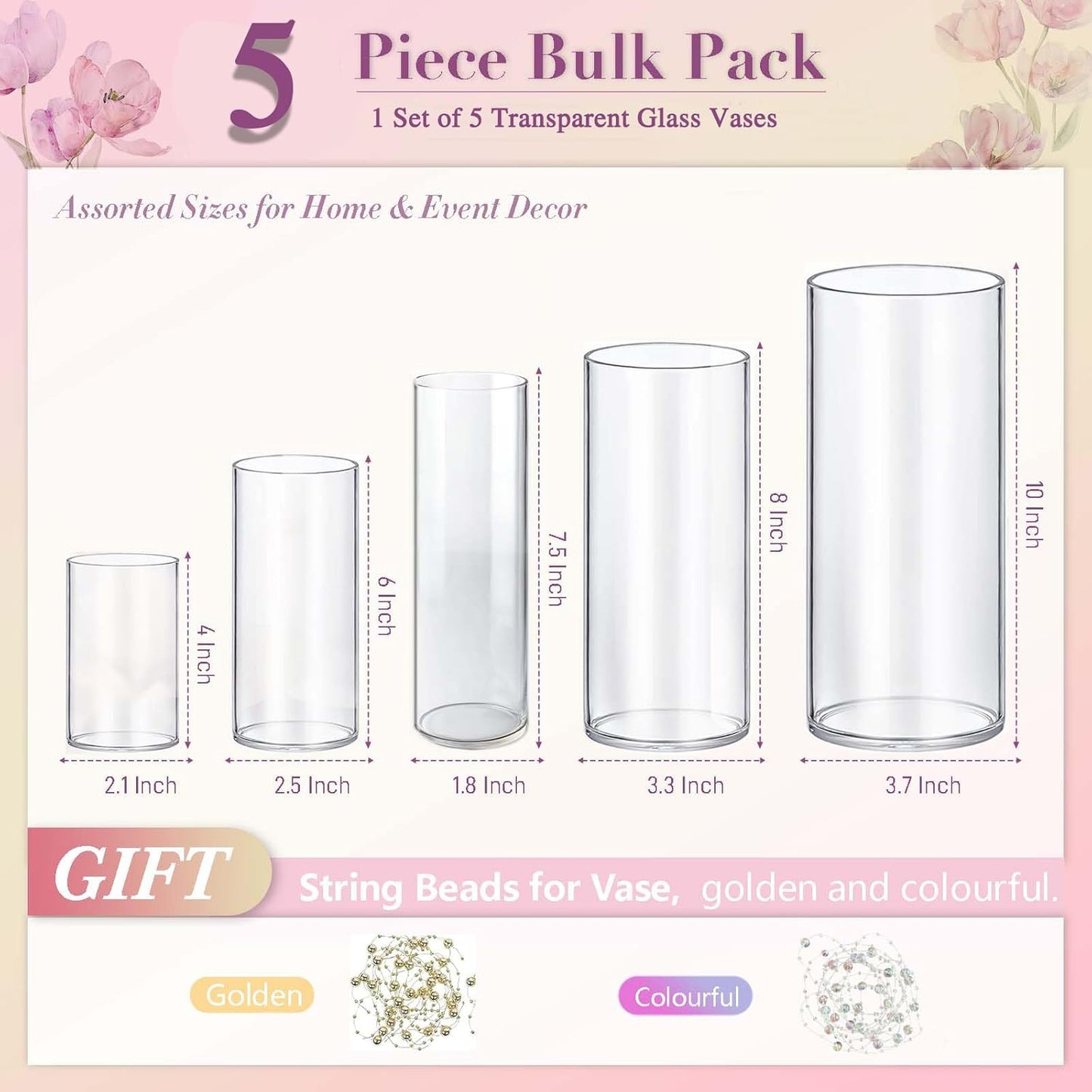 5pcs Glass Vase Cylinder Vases for Centerpieces Small Flower Glass Clear Vases Home Decor Centerpiece Table Flower Vase Decorations for Wedding Decoration＆Holiday Mixed Sizes Tall