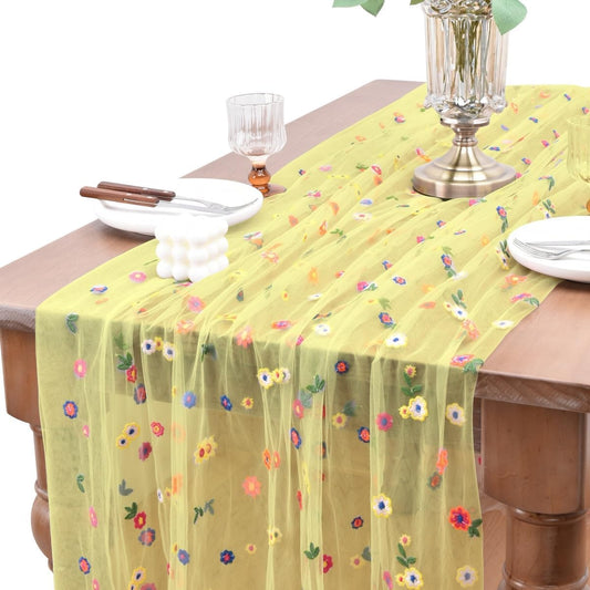 Joanlody Yellow Embroidery Daisy Fall Thanksgiving Table Runner Florals Seasonal Tulle Table Runner Holiday Kitchen Dining Table Decoration Wedding Party