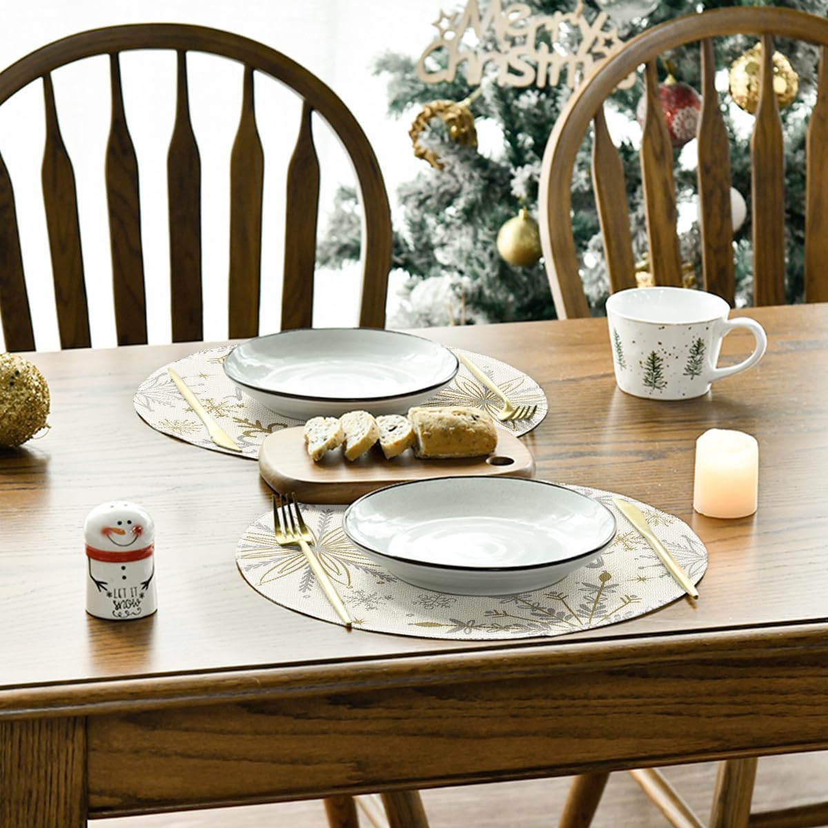 Artoid Mode Beige Snowflake Let It Snow Winter Placemats Set of 6, 14 Inch Seasonal Christmas Xmas Round Table Mats for Dining Decoration