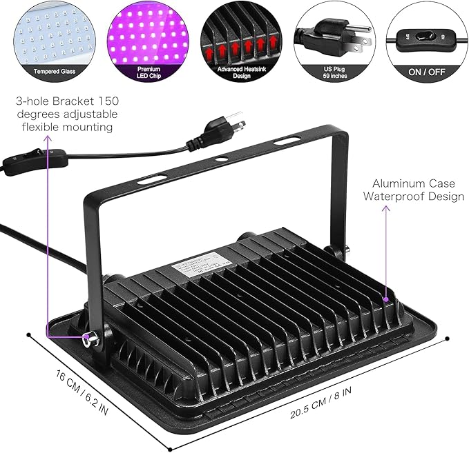 2 Pack 100W LED Black Light, Blacklight Flood Light with Plug and Switch, IP66 Waterproof Neon Glow for Party, Halloween, Fluorescent Poster, Body Paint, Aquarium