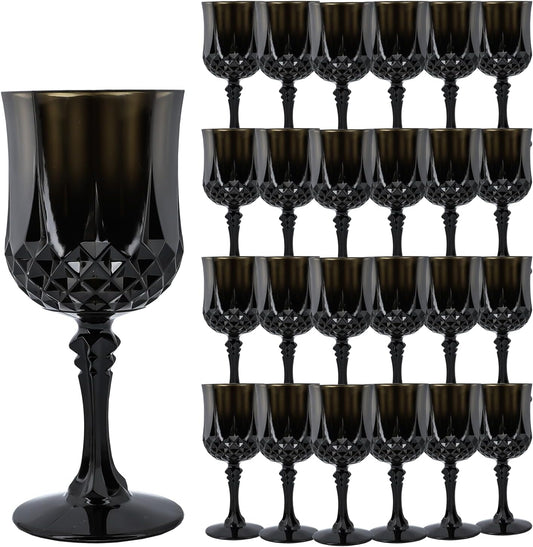 Plastic Wine Glasses，Plastic Goblets Vintage Style Cordial Drinking Glasses for Wedding Reception, Halloween Grand Event Party Supplies (24, Black)