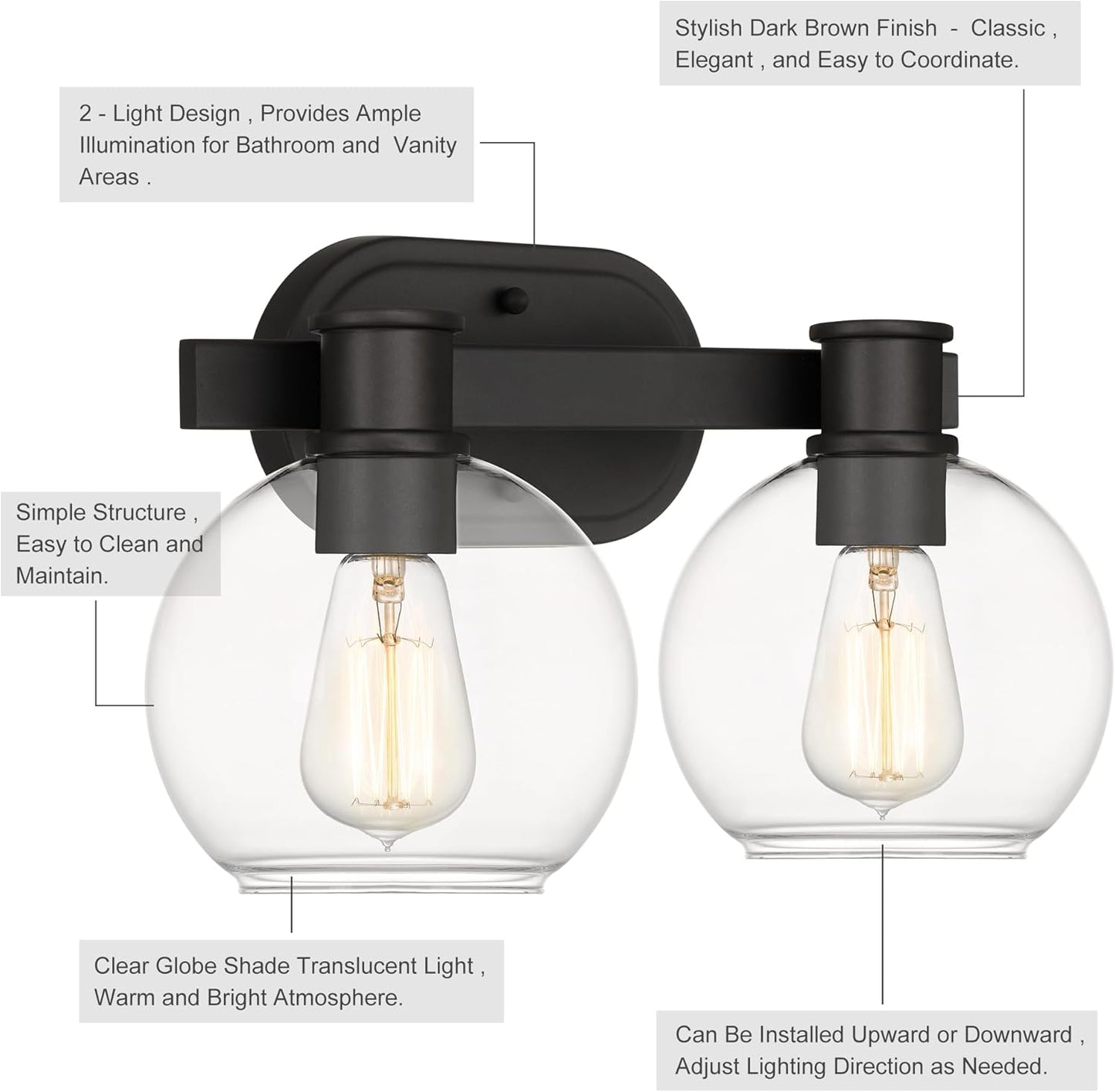 Dan Modern Farmhouse 2-Light Vanity Light Wall Sconce Lighting with Clear Glass Globe Shade in Light Black Finish for Bedroom, Hallway, Kitchen