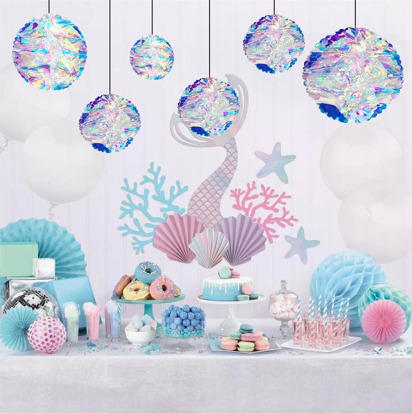 ZYOOO 3pcs Iridescent Honeycomb Balls,Shiny Rainbow Foil Ceiling Hanging Flowers for Wedding,Birthday,Theme Party Decoration(6" 8" 10")