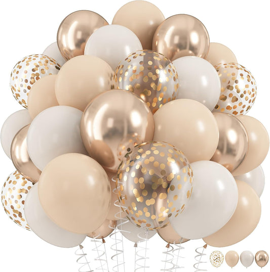 Beige and Champagne Gold Balloon Set, 60Pcs 12 Inch Nude Cream Retro White Sand Balloons with Metallic Champagne Gold Confetti Latex Balloons for Birthday Wedding Baby Bridal Shower Party Decorations
