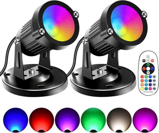 Spot Lights Indoor, 5W RGBW Uplighting 16 Color Changing Up Lights Indoor with Remote Control, Plant Spotlight Decorative (2 Pack with Base and Stake)